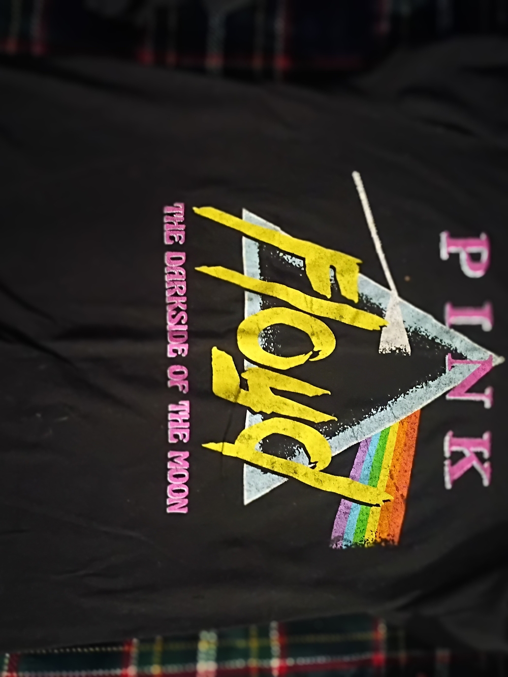 Pink Floyd Black Tee with Yellow Script and Rainbow Prism